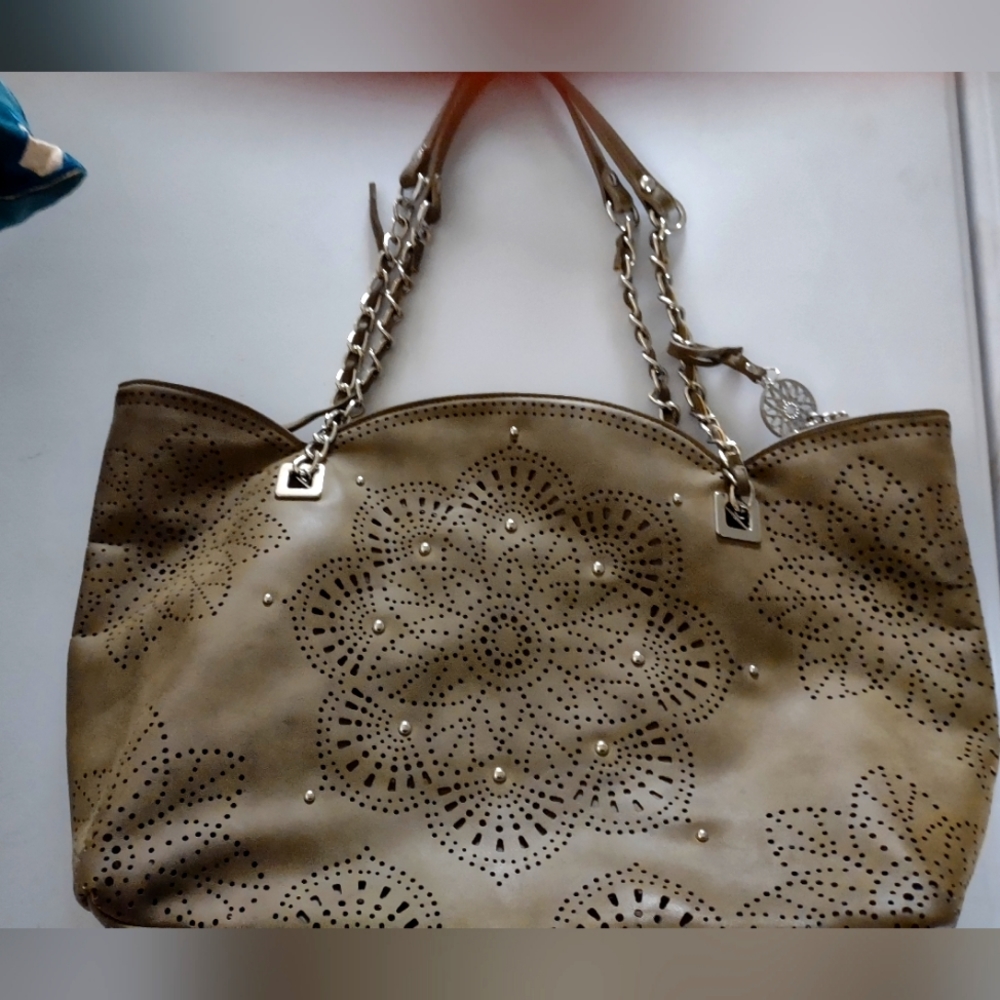 Large Tan Green Purse Eyelet Cutouts Chain Handle Roomy
